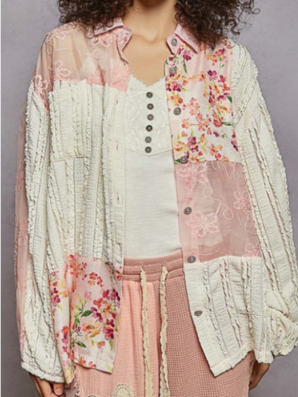 POL Patchwork Pink & Cream Button-Down Shirt - image 1